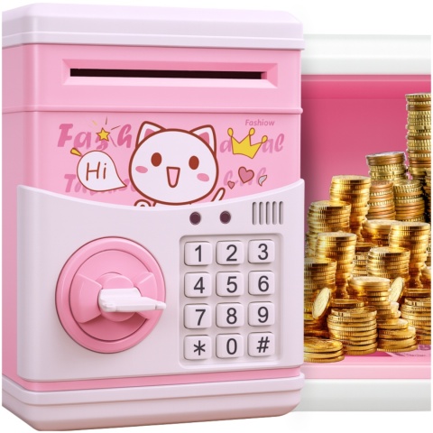 Sejf Skarbonka dla Dziewczynki na Kluczyk Dźwięki Melodie Zabawkowy Bankomat Różowy ASATO®