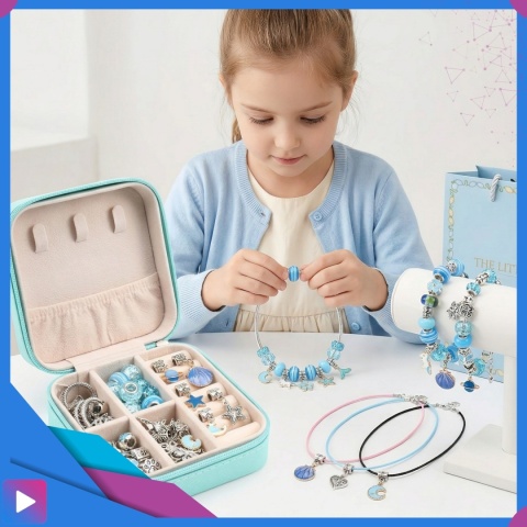 Zestaw do Robienia Bransoletek Naszyjników Biżuterii Dla Dziewczynek z Charmsami Etui 66 Elementów Prezent ASATO®