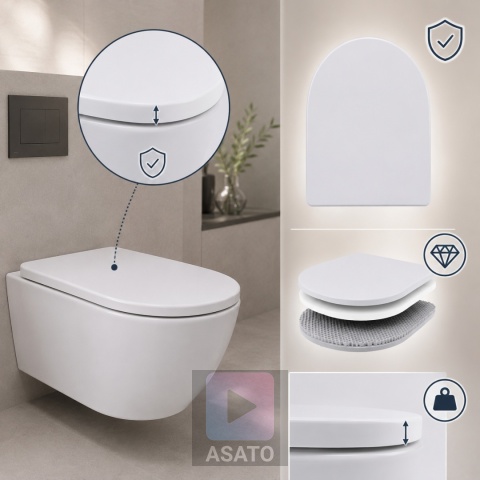 Deska Sedesowa Wolnoopadająca 113 ASATO® Biała Duroplast Antybakteryjna - Uniwersalna 46x36,5cm
