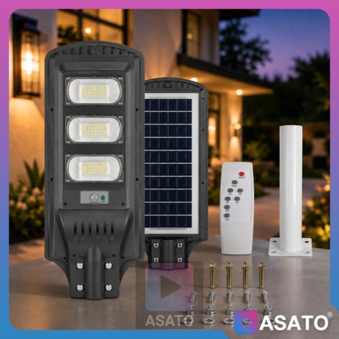 Lampa Uliczna Solarna LED 90W ze Słupkiem Czujnikiem Ruchu Pilot Uchwyt