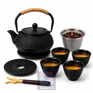 Zestaw do Herbaty Imbryk Żeliwny Czajnik do Herbaty 0,9l 4 Czarki Zaparzacz ASATO®