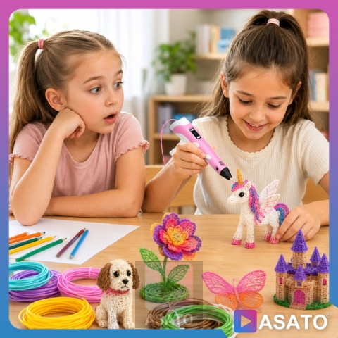 Długopis 3D dla Dzieci + Wkłady Filament 9 metrów Zestaw do Zabawy Drukarka Pen 5.0 Asato