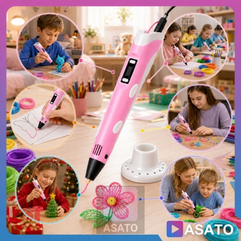 Długopis 3D dla Dzieci + Wkłady Filament 9 metrów Zestaw do Zabawy Drukarka Pen 5.0 Asato