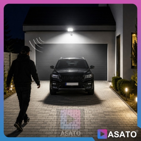 Halogen LED 100W z Czujnikiem Ruchu i Zmierzchu na Kablu Naświetlacz Zewnętrzny IP65 do Ogrodu i Elewacji ASATO®