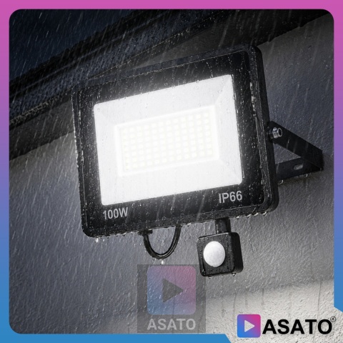 Halogen LED 100W z Czujnikiem Ruchu i Zmierzchu na Kablu Naświetlacz Zewnętrzny IP65 do Ogrodu i Elewacji ASATO®