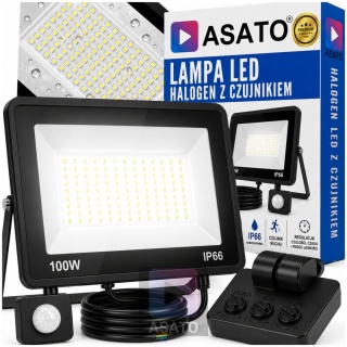 Halogen LED 100W z Czujnikiem Ruchu i Zmierzchu na Kablu Naświetlacz Zewnętrzny IP65 do Ogrodu i Elewacji ASATO®