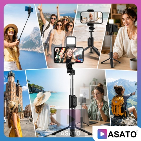 Kijek do Selfie Stick z Lampą LED Statyw Tripod + Pilot Bluetooth