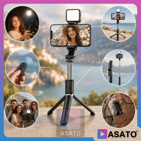 Kijek do Selfie Stick z Lampą LED Statyw Tripod + Pilot Bluetooth