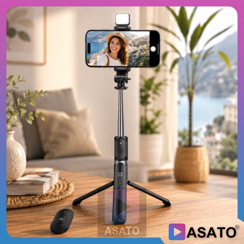 Kijek do Selfie Stick z Lampą LED Statyw Tripod + Pilot Bluetooth