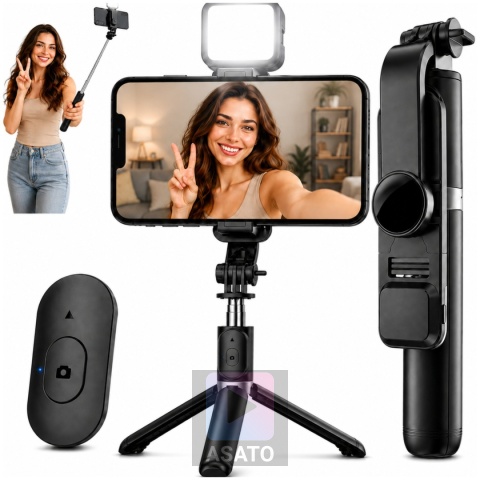 Kijek do Selfie Stick z Lampą LED Statyw Tripod + Pilot Bluetooth
