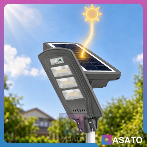 Lampa Uliczna Solarna LED 60W ze Słupkiem Czujnikiem Ruchu Pilot Uchwyt