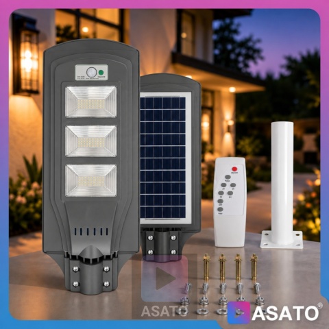 Lampa Uliczna Solarna LED 60W ze Słupkiem Czujnikiem Ruchu Pilot Uchwyt