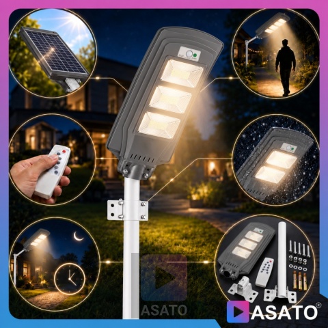 Lampa Uliczna Solarna LED 60W ze Słupkiem Czujnikiem Ruchu Pilot Uchwyt