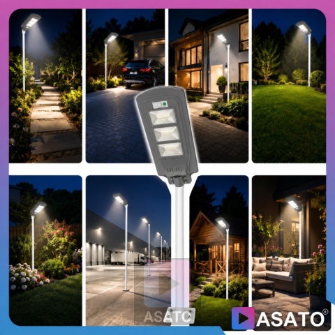 Lampa Uliczna Solarna LED 60W ze Słupkiem Czujnikiem Ruchu Pilot Uchwyt