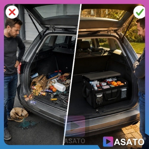 Organizer do Bagażnika Samochodu PREMIUM Składany XL Antypoślizgowy Wzmocniony z Klapą ASATO®