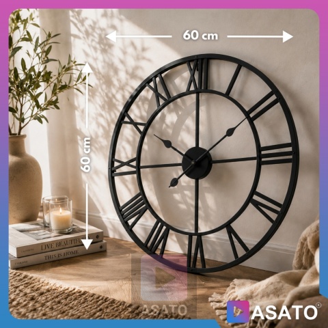Zegar Ścienny 60 cm LOFT Duży do Salonu Nowoczesny Retro RZYMSKI 3D Czarny