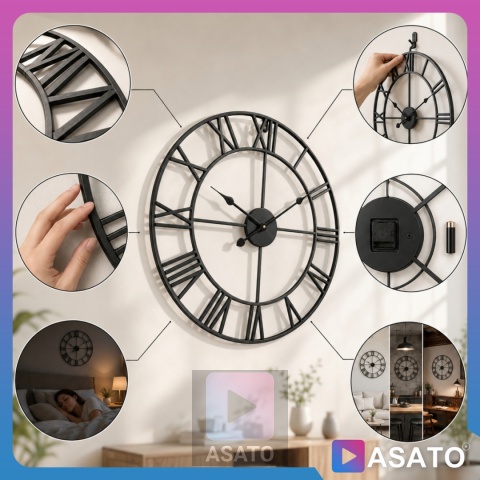 Zegar Ścienny 60 cm LOFT Duży do Salonu Nowoczesny Retro RZYMSKI 3D Czarny