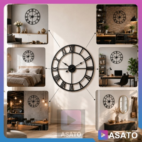 Zegar Ścienny 60 cm LOFT Duży do Salonu Nowoczesny Retro RZYMSKI 3D Czarny