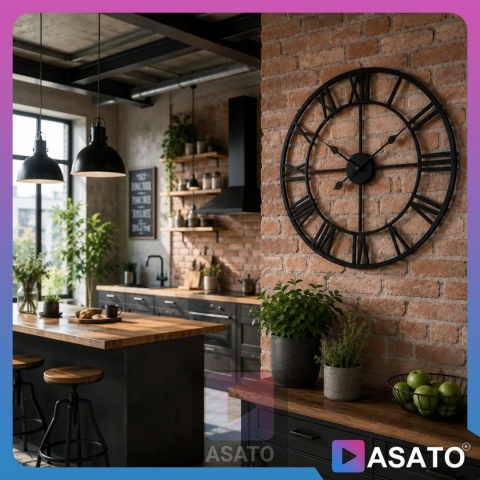 Zegar Ścienny 60 cm LOFT Duży do Salonu Nowoczesny Retro RZYMSKI 3D Czarny